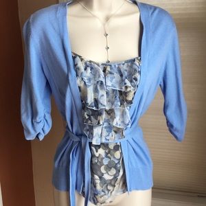 EUC Baby Blue Cardigan w/sheer ruffle underlay